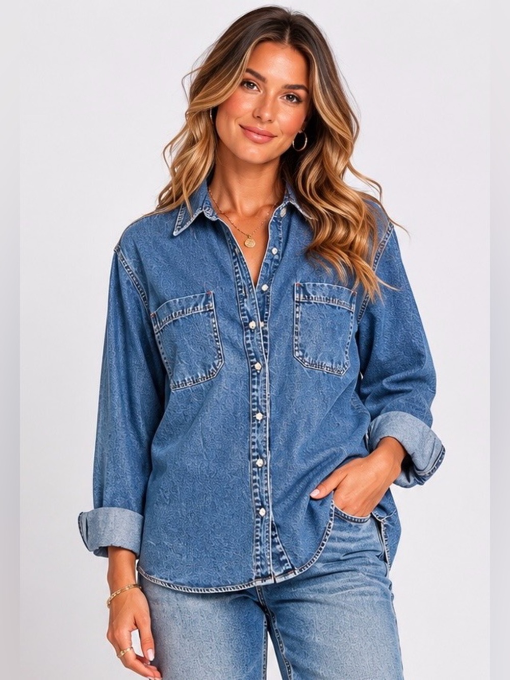 Newton Trading Co. Denim Button Front Shirt Medium Wash Chambray  Size M
